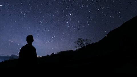 Silhouette of man looking up at milky way