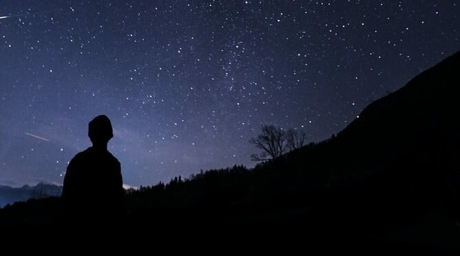 Silhouette of man looking up at milky way