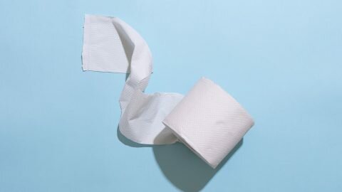 A piece toilet paper roll on a light blue background